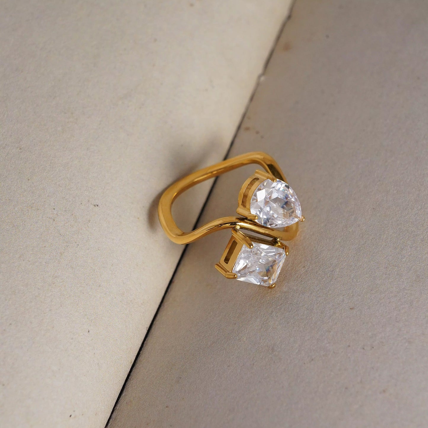 Trendy 18k PVD Gold Plated Stainless Steel Minimalist Clear Drop Square Zircon Ring