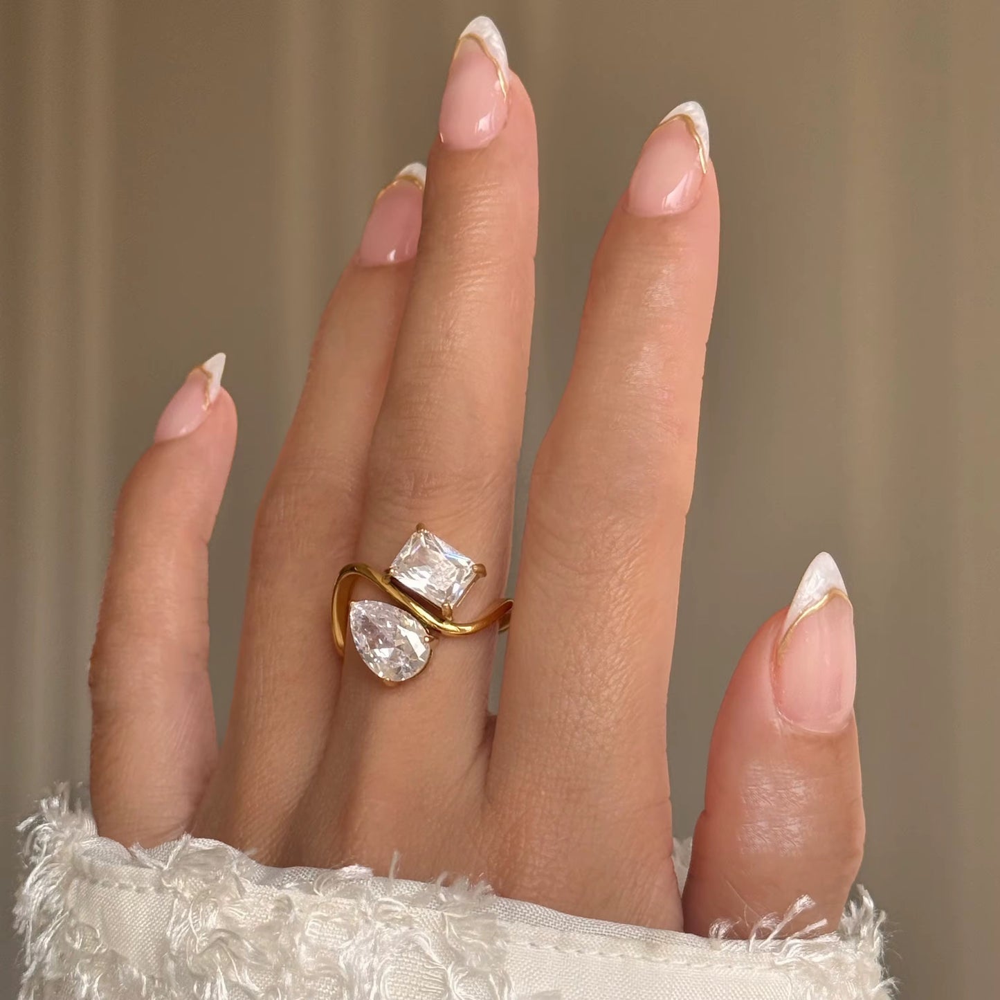 Trendy 18k PVD Gold Plated Stainless Steel Minimalist Clear Drop Square Zircon Ring