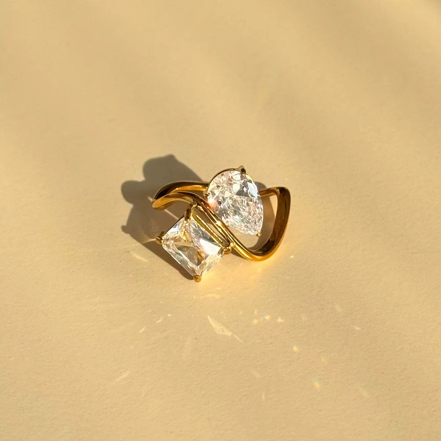 Trendy 18k PVD Gold Plated Stainless Steel Minimalist Clear Drop Square Zircon Ring
