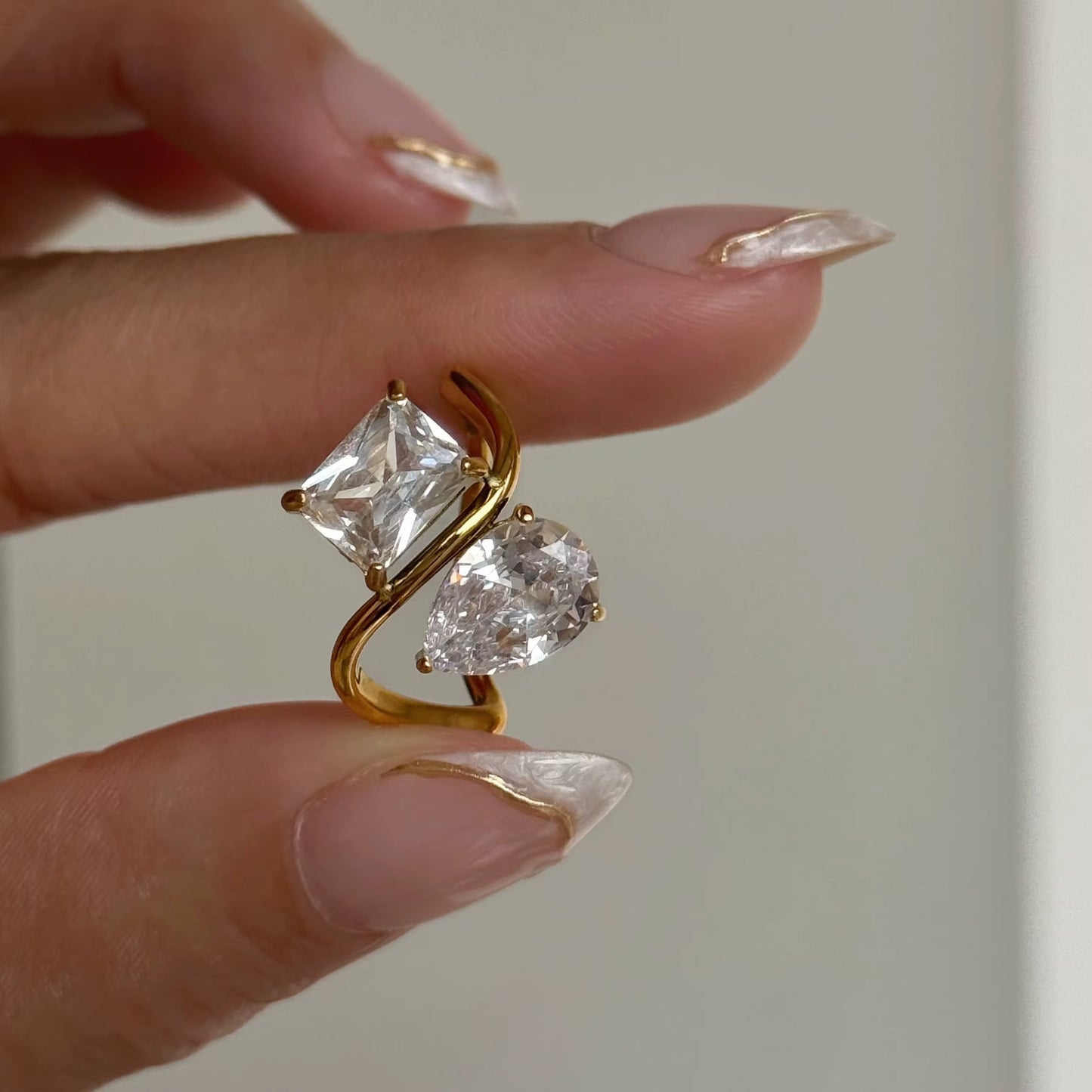 Trendy 18k PVD Gold Plated Stainless Steel Minimalist Clear Drop Square Zircon Ring